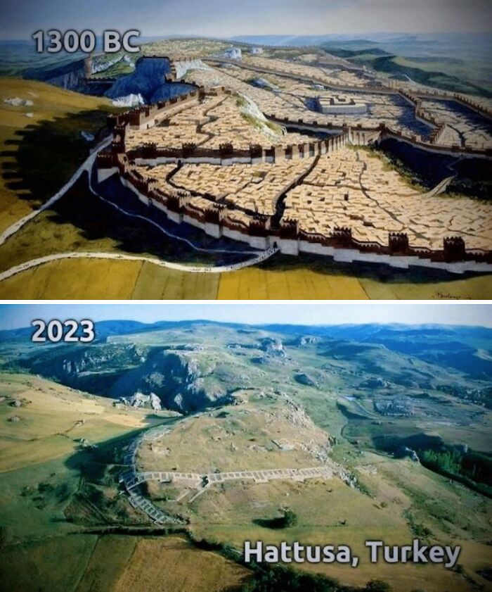 Comparison of ancient and modern views of Hattusa, Turkey, showcasing cities in the past and present.