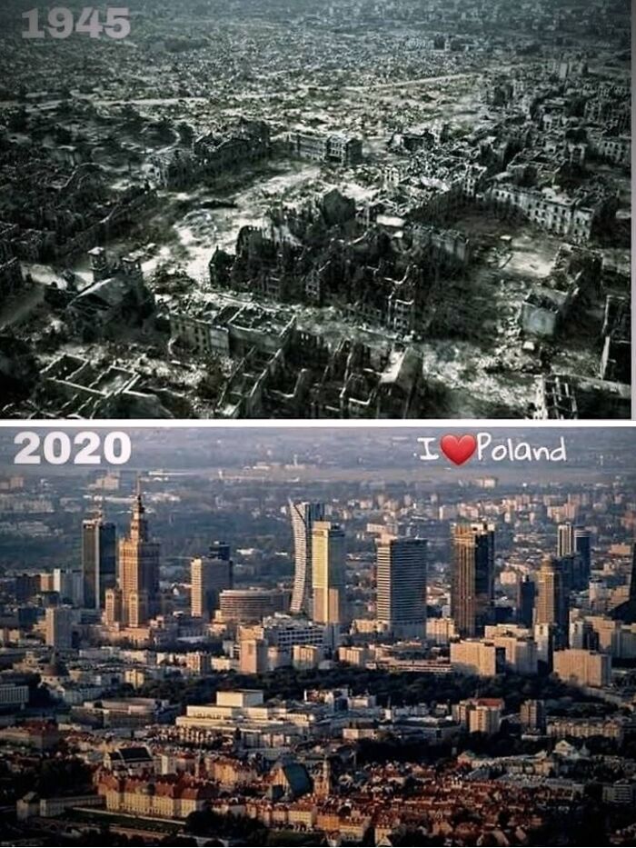 Aerial views showing a city's transformation from ruins in 1945 to a modern skyline in 2020, illustrating cities in the past and present.