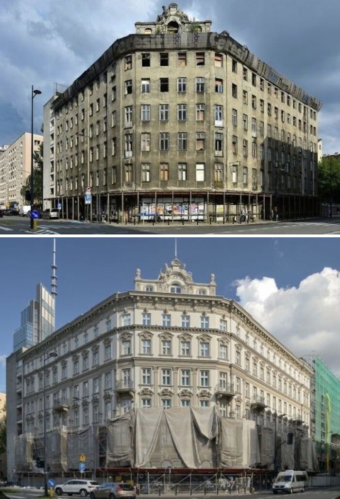 Old and renovated city buildings side by side, showing transformation in cities in the past and present.
