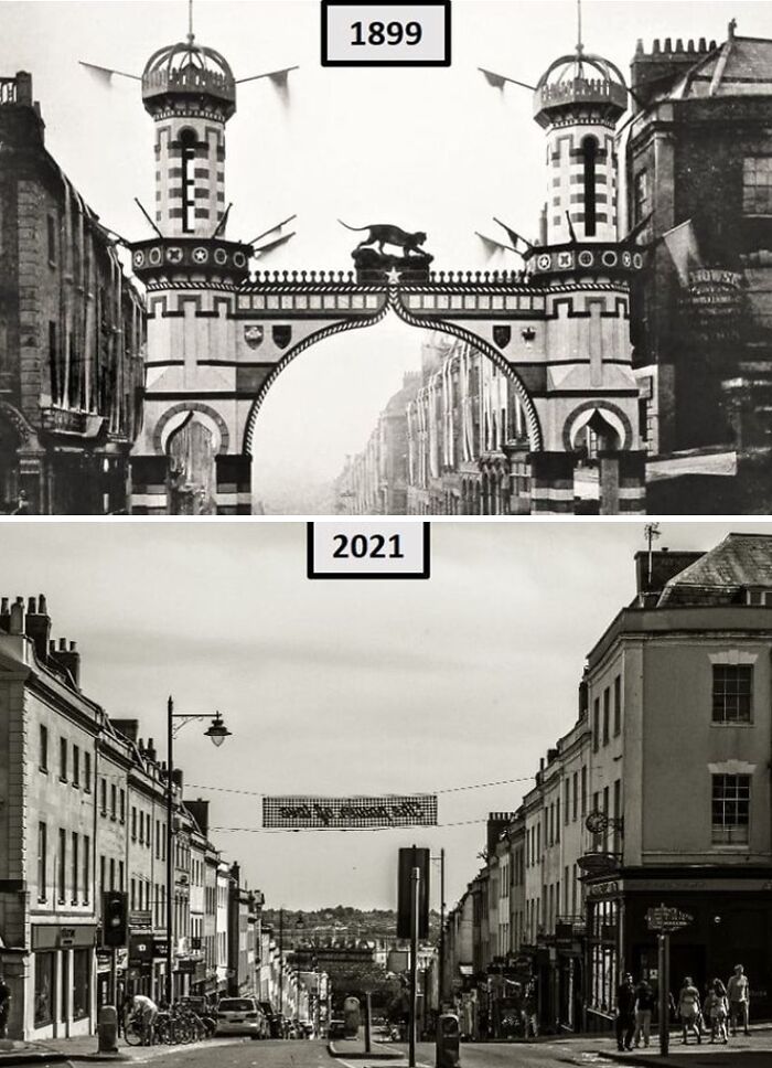 Split image showing a city street in the past in 1899 with an arch and the present in 2021 with modern buildings and people.