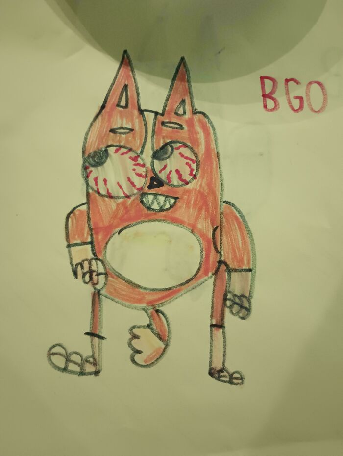 Child's colorful drawing of a quirky creature with large eyes and a playful expression, showcasing wholesome and funny dads creativity.