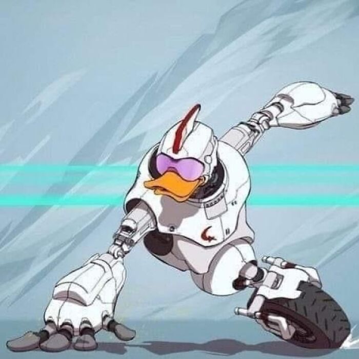 Robot duck in futuristic gear skates on one wheel, embodying dynamic action.