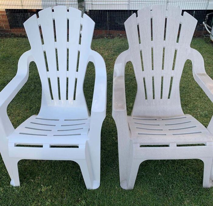 Power washed plastic chairs, before and after, showing dramatic cleaning results on green lawn, satisfying transformation.