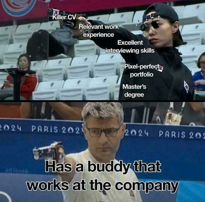 “Recruiting Hell meme: Top shooter labeled with qualifications, bottom shooter wins with a company connection.”