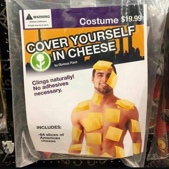 Package of a fake costume product labeled cover yourself in cheese with a man covered in cheese slices, part of fake products in stores.