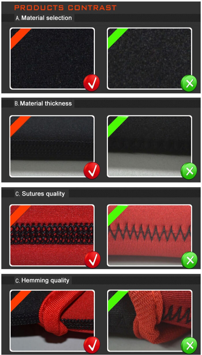 Comparison of fabric material, thickness, sutures, and hemming quality showing preventable fails in manufacturing.