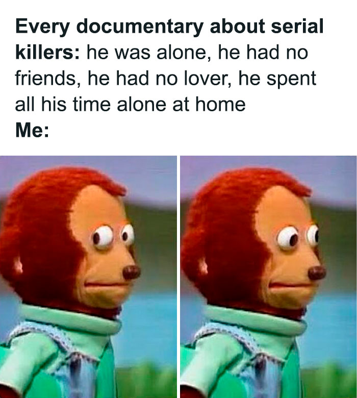 Meme showing relatable introvert reaction comparing serial killer documentaries to spending time alone at home.
