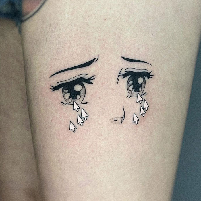 Unique tattoo ideas for men featuring an emotional anime-style eye design with teardrops replaced by computer cursor icons, blending digital and expressive elements.
