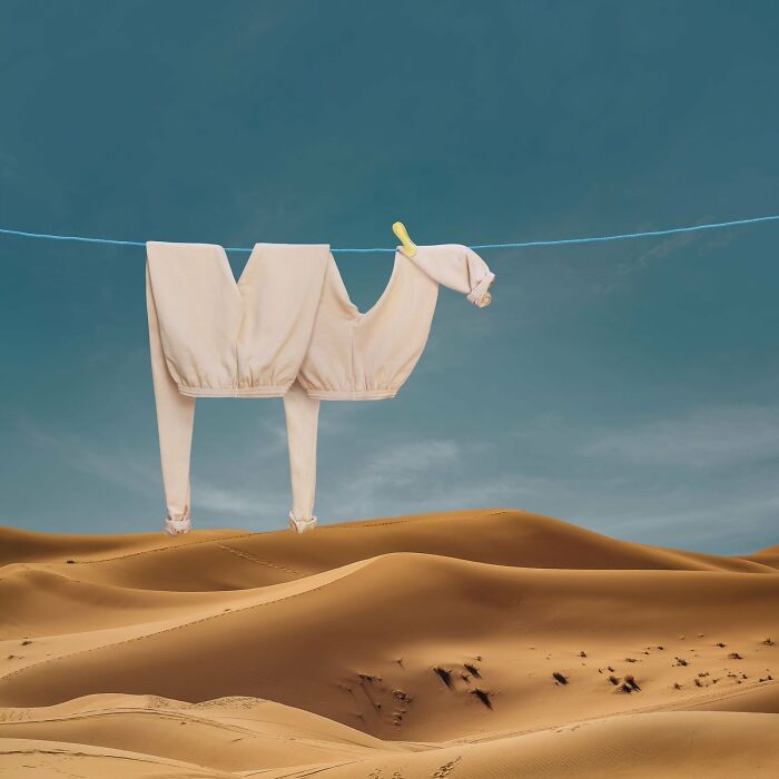 Playful animal made from laundry hanging on a line above picturesque desert landscape with dunes.