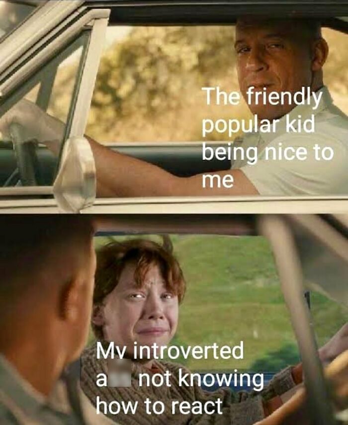 Scene from a car with a popular kid being nice and an introvert looking confused, illustrating funny relatable introvert memes.