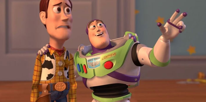 Animated iconic duo from Toy Story, featuring a cowboy doll and a space ranger in a playful scene.