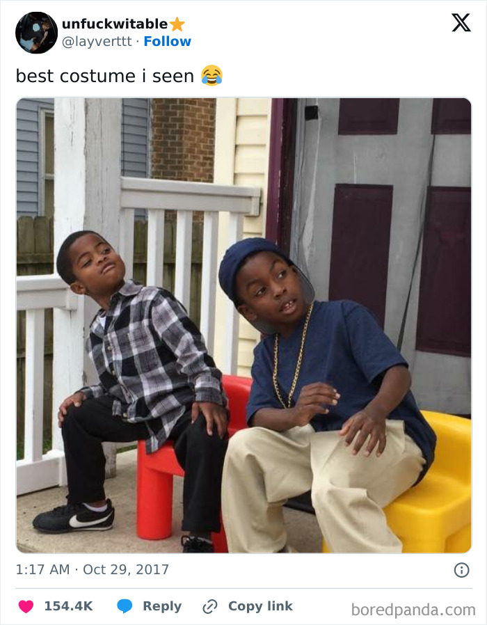 Two kids posing outdoors wearing casual clothes, showcasing creative kids Halloween costume ideas that worked like magic.