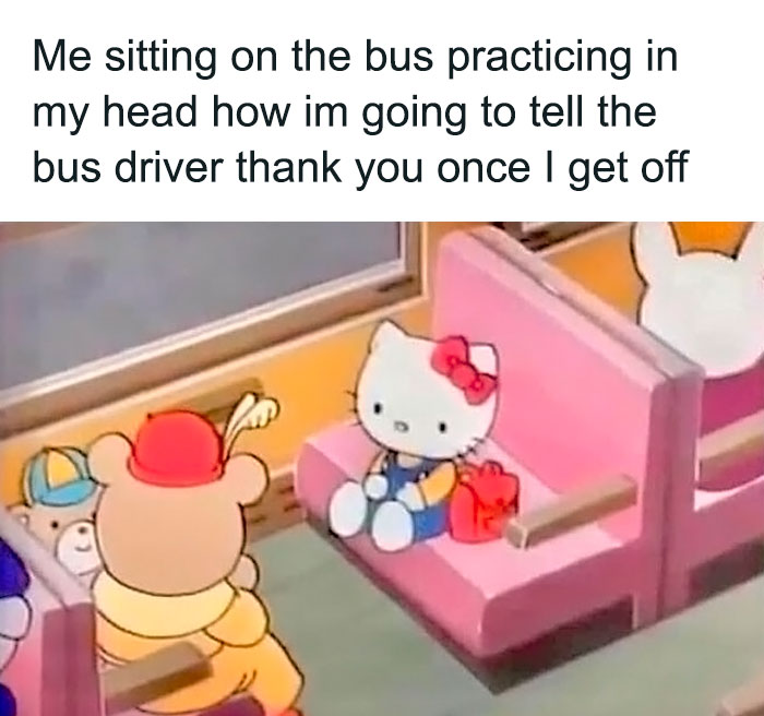 Cartoon character practicing how to thank the bus driver, capturing funny and relatable memes about life as an introvert.