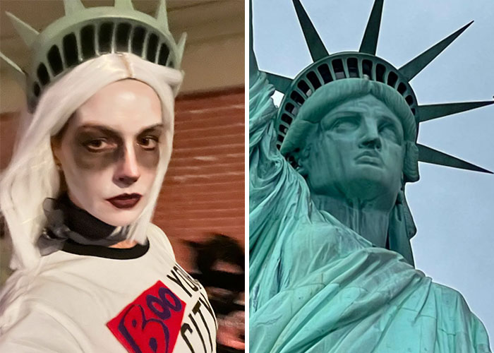 Anne Hathaway spooky take on the Statue of Liberty