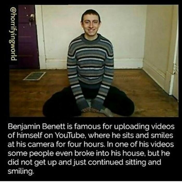 Young man sitting on floor smiling at camera, known for creepy posts of long videos on YouTube.