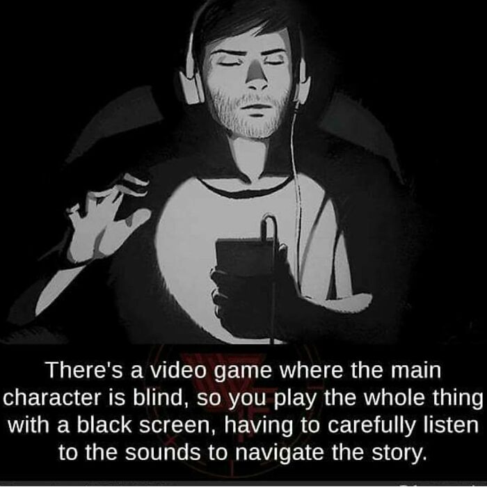 Man wearing headphones playing a video game with a black screen, focusing on sound to navigate the creepy story.