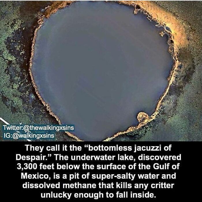 Aerial view of a creepy underwater lake in the Gulf of Mexico with super-salty water and toxic methane pit.