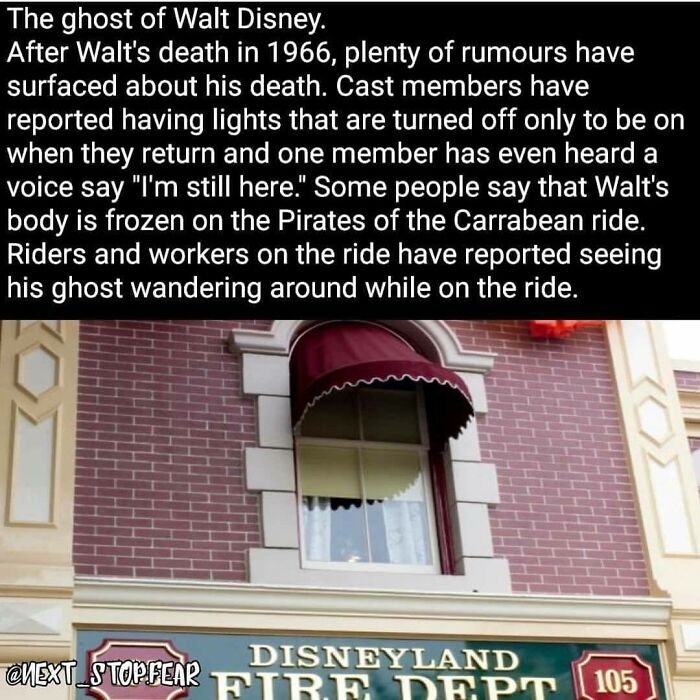 Creepy post about Walt Disney's ghost reportedly haunting the Pirates of the Caribbean ride at Disneyland Fire Dept.