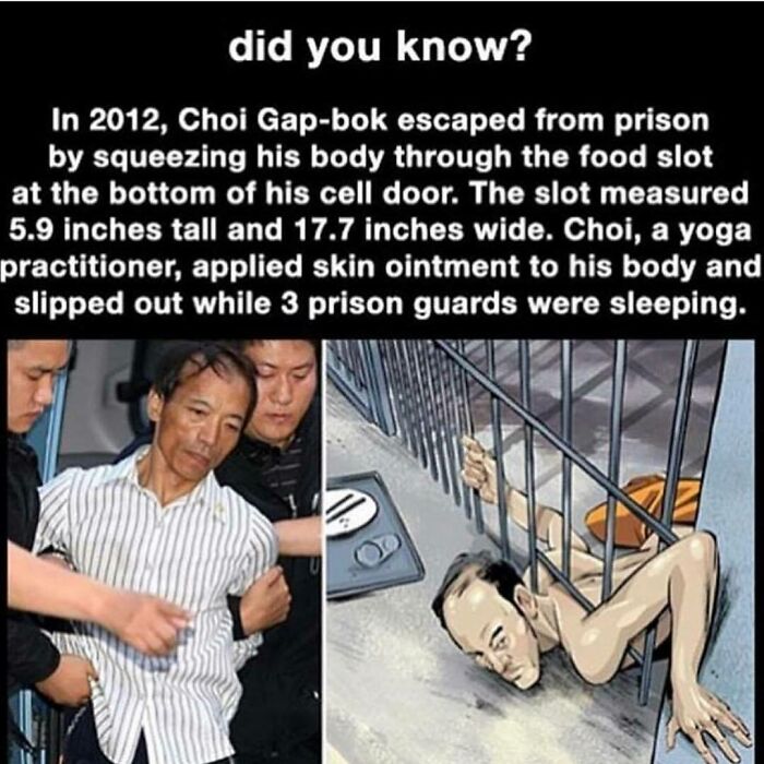 Prison escape story with a man squeezing through a small food slot, featured in creepy posts collection.