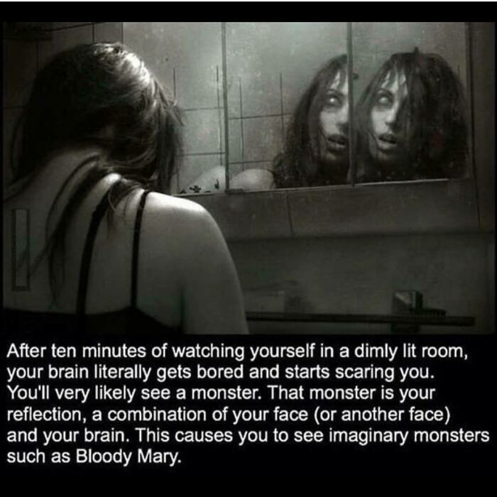 Woman looking into a mirror with a creepy reflection, illustrating the psychological effect of seeing imaginary monsters.