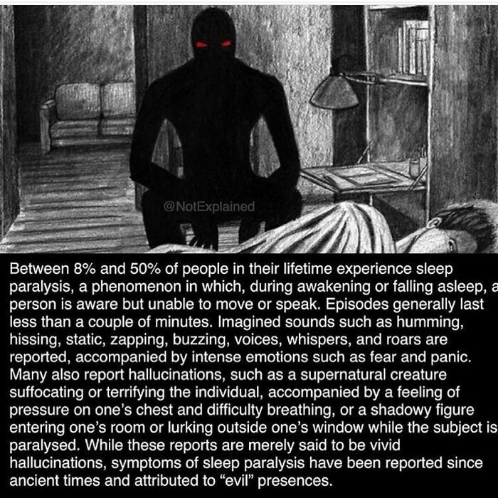 Dark shadowy figure with red eyes looming over sleeping person, depicting creepy sleep paralysis experiences and haunting hallucinations.