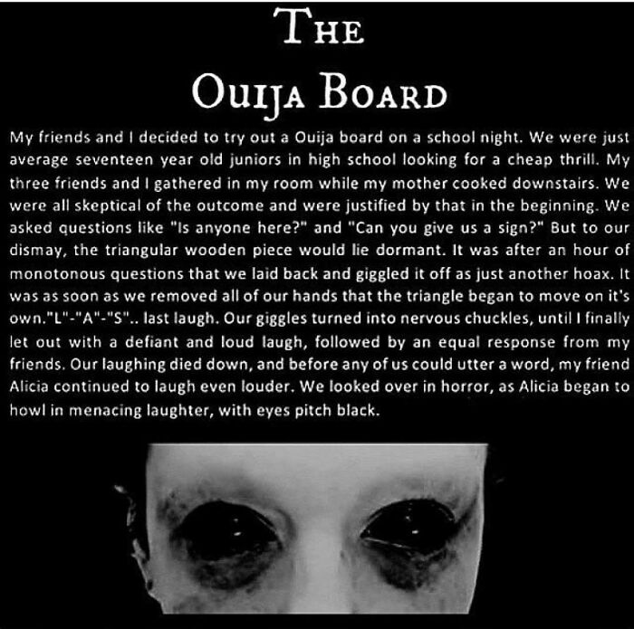 Text describing a creepy Ouija board story with a haunting image of dark, hollow eyes below the text.
