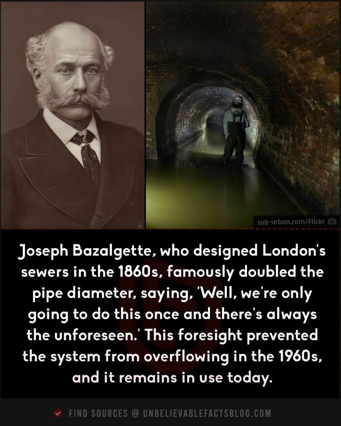 A portrait of Joseph Bazalgette and an image of London's sewers, illustrating his legendary engineering foresight.