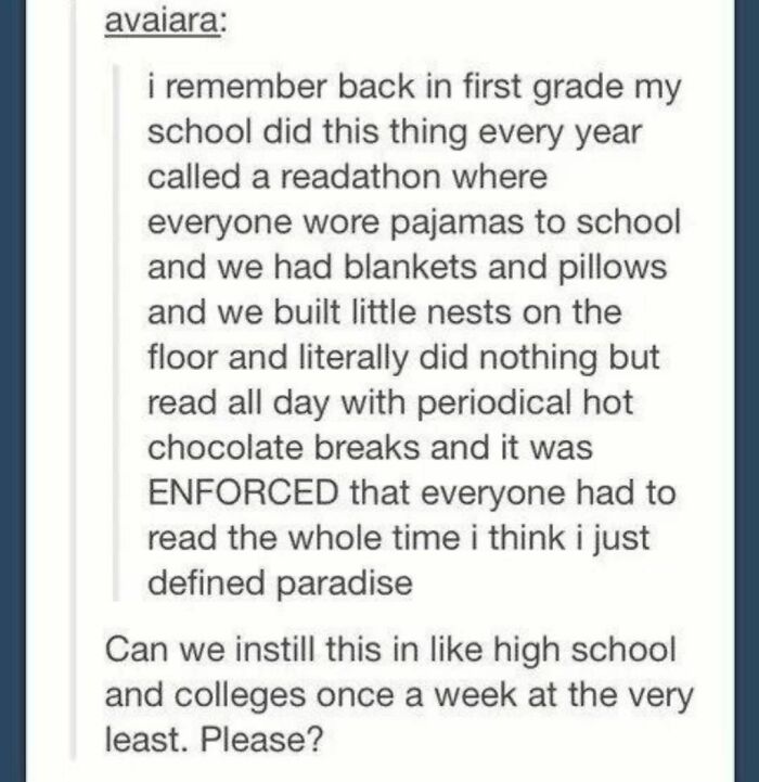 Text post sharing a nostalgic story about a readathon with pajamas, blankets, and hot chocolate in a funny literary meme style.