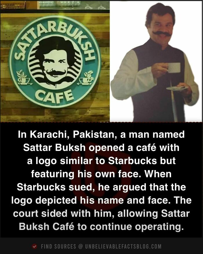 Man holds cup next to Sattar Buksh Cafe logo, resembling Starbucks, illustrating an unbelievable fact.