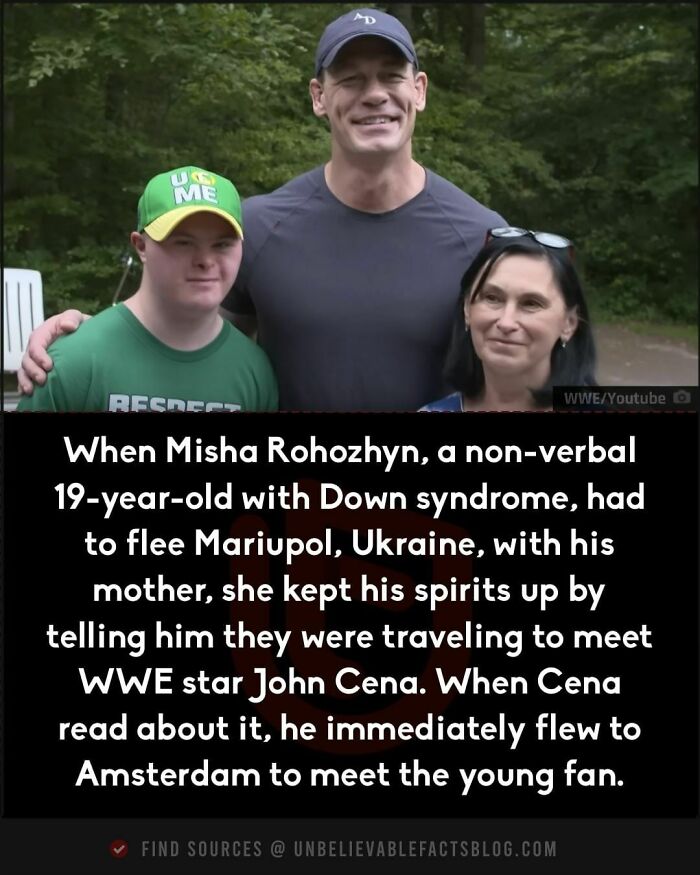 Man and two people outdoors, one wearing a "You Can't See Me" cap, part of unbelievable facts.