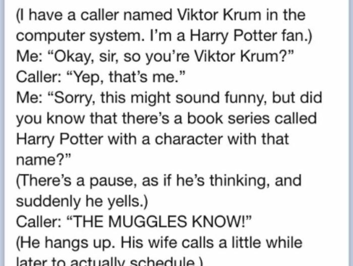 Funny literary meme text about a Harry Potter fan named Viktor Krum and a humorous caller interaction.