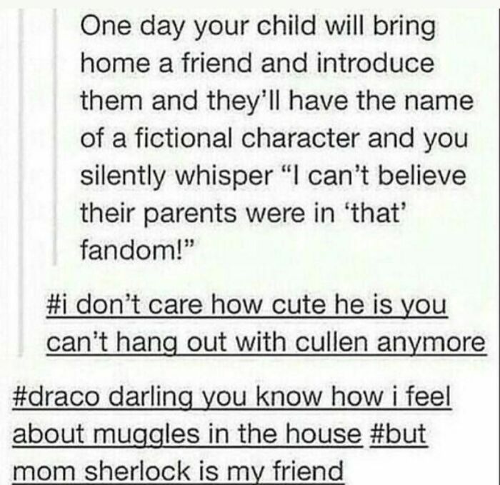 Funny literary meme about fictional character names and fandoms shared on an IG page for book nerds.