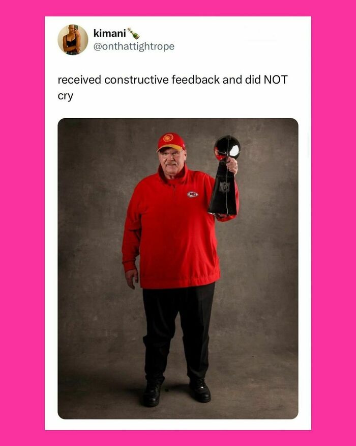 Tweet about work showing a man in red holding a trophy, highlighting the truth about taking breaks at work.