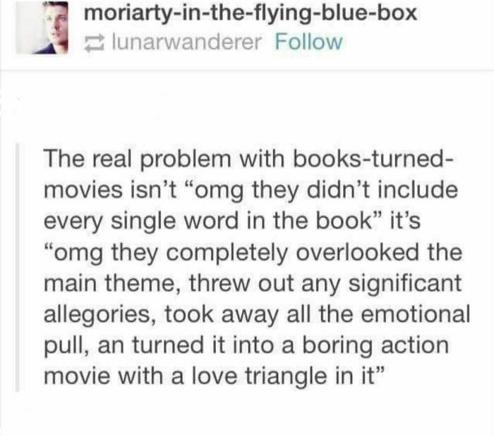 Text post from a literary meme page discussing flaws in books-turned-movies, shared on a funny literary memes Instagram page.