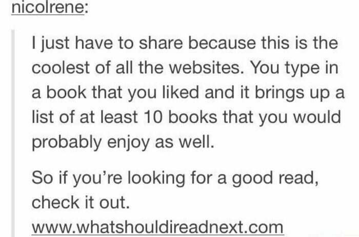 Text meme about a website recommending books based on titles users liked, shared on a funny literary memes IG page.