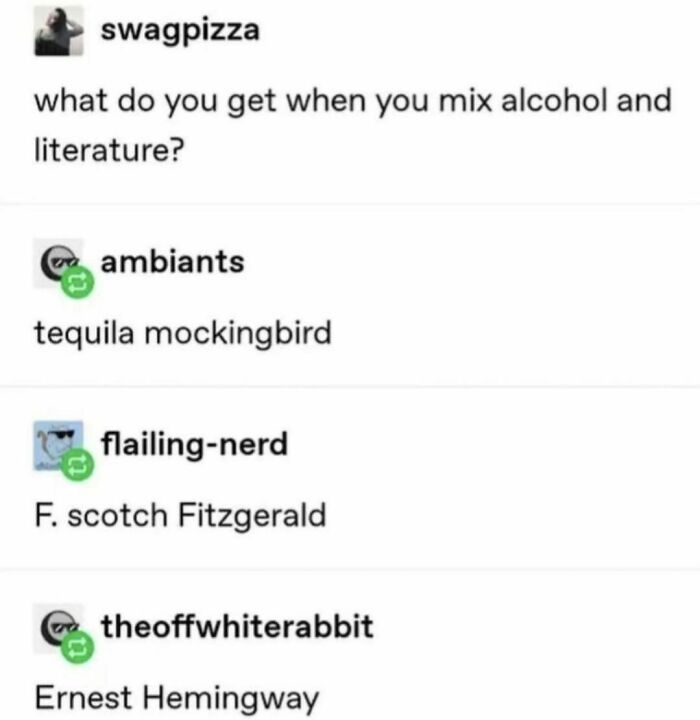 Funny literary memes mixing book references with alcohol jokes shared on an IG page for biggest book nerds.