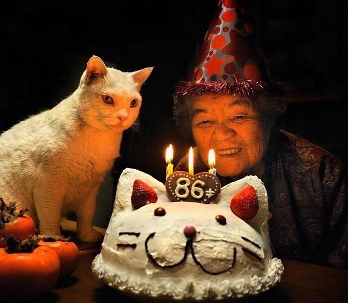 Elderly woman wearing a party hat smiling at a cat-themed birthday cake with three lit candles and a white cat nearby.
