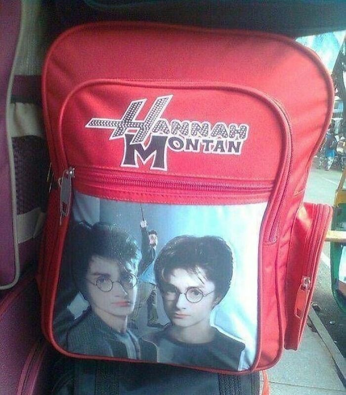 Red backpack with a bizarre and hilarious design misspelling a famous character's name, showcasing reality's dark twist.