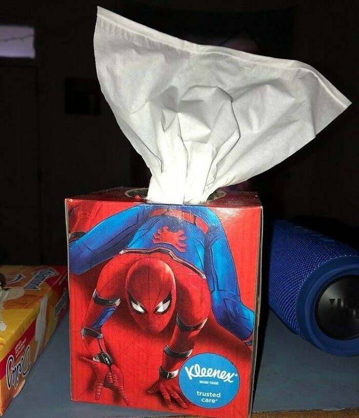 Spider-Man tissue box with tissues pulled in a way that creates a dark, hilarious twist in reality captured in bizarre pics.