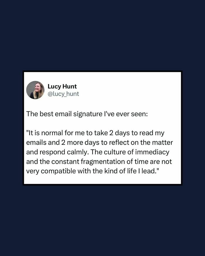 Tweet about work culture and email response times reflecting the truth of having to work and taking breaks.