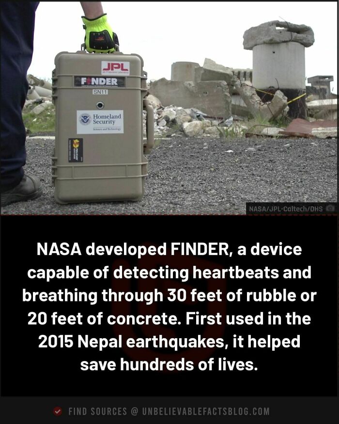 NASA's FINDER device on rubble, used in the 2015 Nepal earthquakes, detects heartbeats through debris, saving lives.
