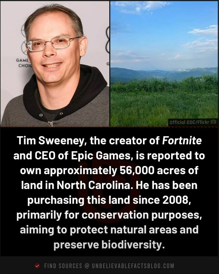 Fortnite creator Tim Sweeney smiling beside a scenic landscape of land he owns for conservation in North Carolina.