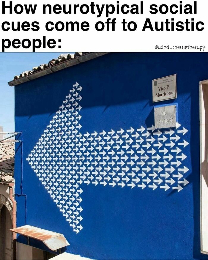 Blue wall with white arrows pointing left and right, illustrating relatable ADHD meme humor.