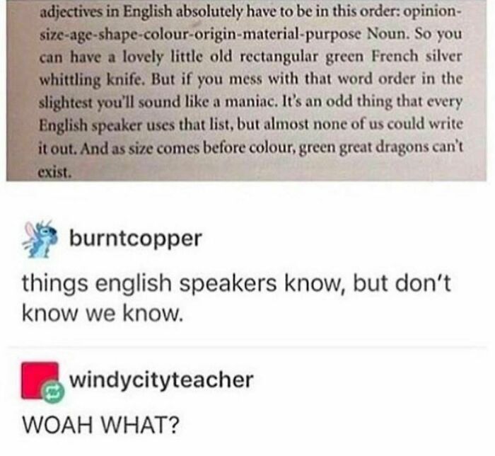 Screenshot of a funny literary meme about English adjective order shared on a page with literary memes for book nerds.
