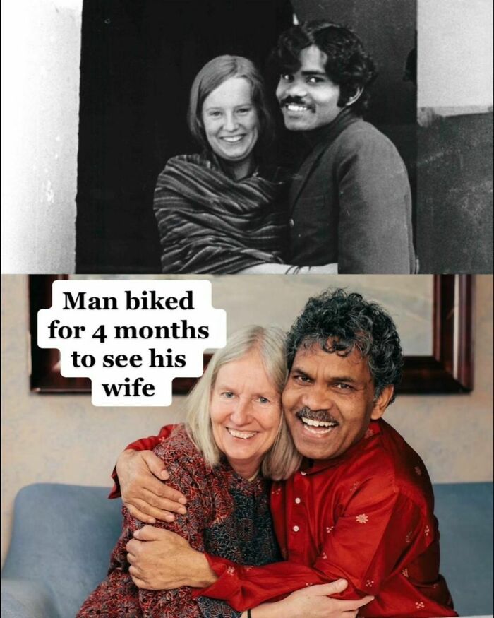 Happy couple embraces after man biked for 4 months, a delightfully random photo to brighten your day.