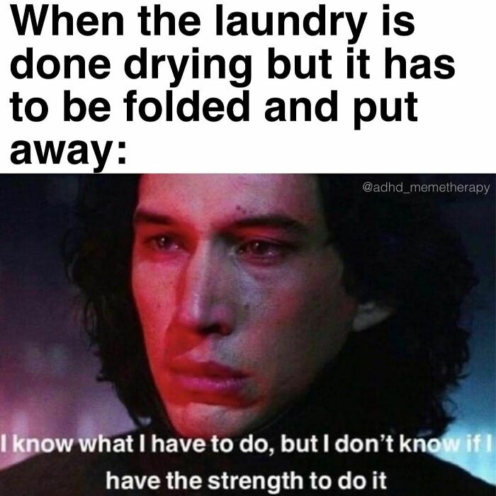 Distracted character looking stressed about folding laundry, reflecting relatable ADHD meme content.