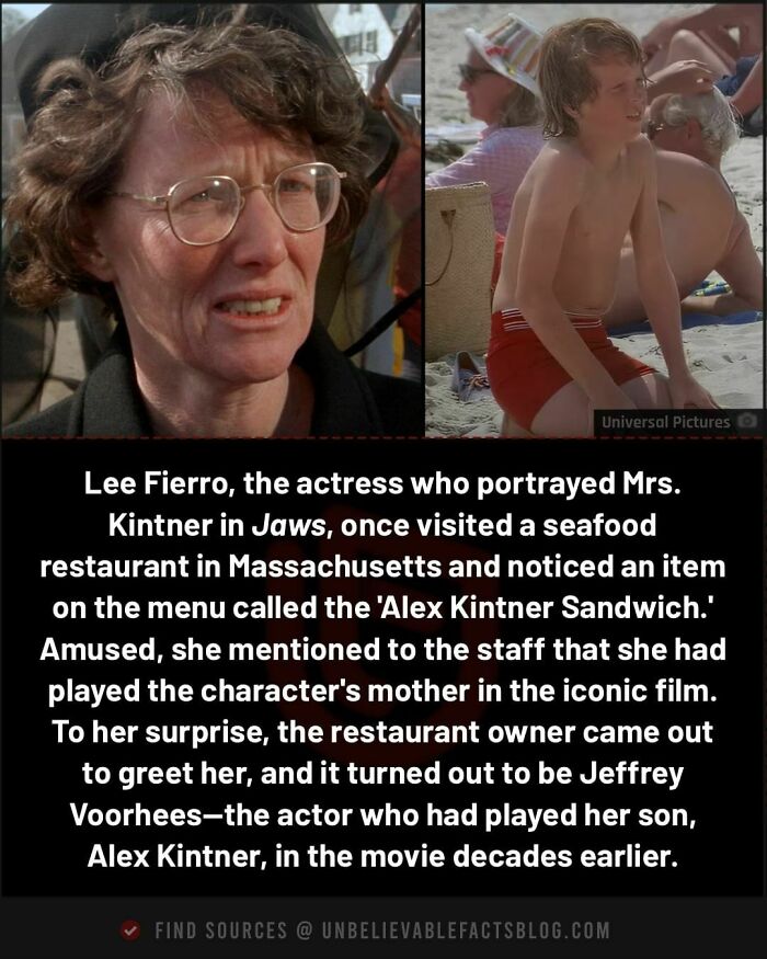 Lee Fierro and Jeffrey Voorhees from Jaws, pictured in a story about an unbelievable coincidence at a seafood restaurant.
