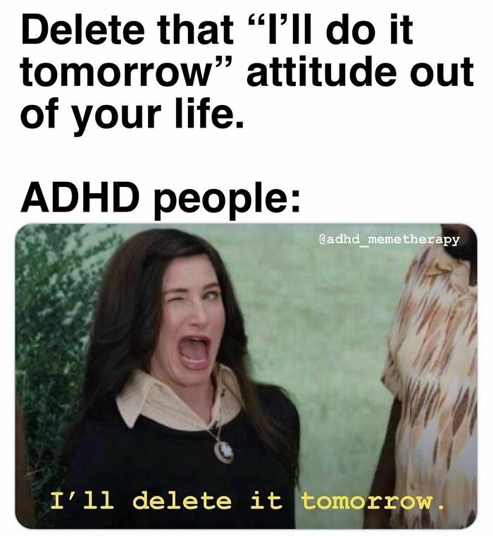 A humorous ADHD meme with a winking person captioned, "I'll delete it tomorrow," highlighting procrastination.