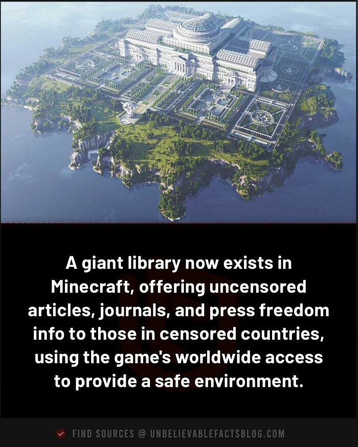 A massive Minecraft library island providing uncensored articles and journals for countries with information restrictions.
