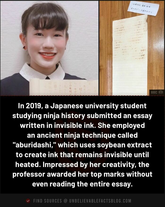 Japanese student uses ninja technique to write an invisible ink essay, earning top marks for creativity.